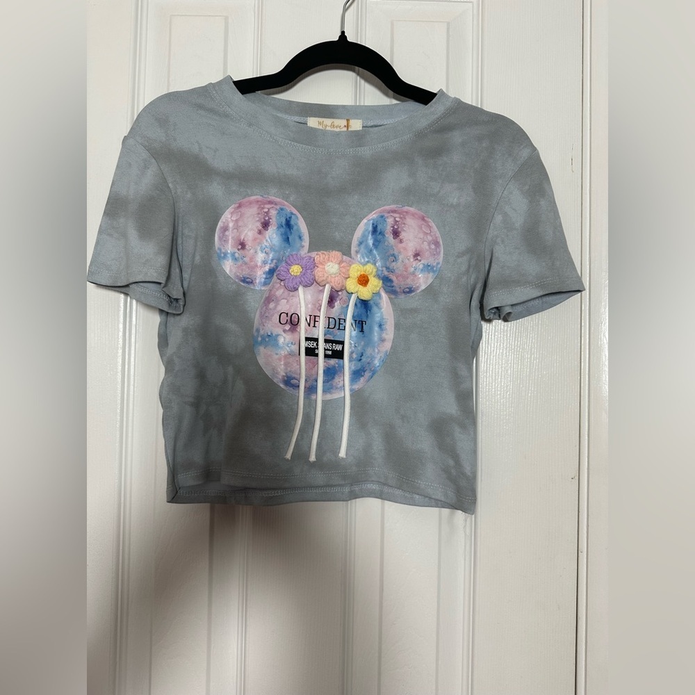 Love Gray and Blue Crop Top with Mickey Watercolor Design